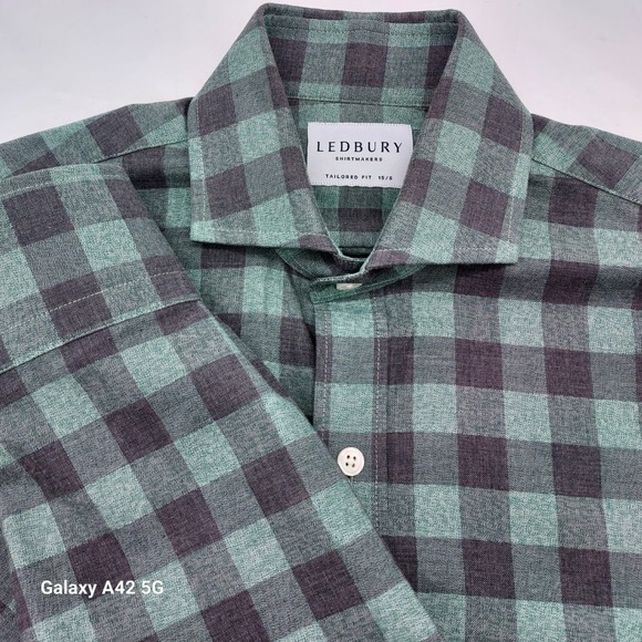 LEDBURY Other - Ledbury Tailored Fit Shirt Mens 15 S Green Navy Buffalo Check Cotton